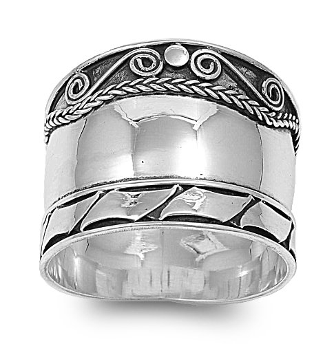 Sterling Silver Wide Milgrain Swirl Bali Ring 10mm (Size 6 - 10)
