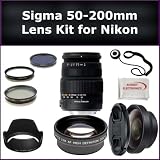 Sigma 50-200mm f/4-5.6 DC OS HSM High Performance Telephoto Zoom Lens Kit For Nikon D3000, D3100, D5000, D5100 Digital SLR Cameras. Also Includes: 0.45X Wide Angle Lens, 2X Telephoto Lens, Lens Cap, Lens Hood, Lens Cap Keeper, 3 Piece Filter Kit (UV-FLD-CPL) and Microfiber Cleaning Cloth