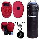 Complete Boxing & Fitness Set Artificial Leather Punch Bag Kickboxing Bag 4 feet Black with chrome plated chain and Heavy duty Metal Ceiling Hook for hanging bags martial arts focus pad Rexion with target and Boxing Gloves hand moulded PU Red Black 6oz