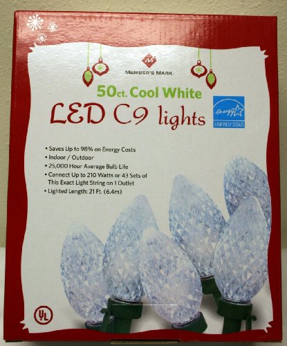 50 Count LED Cool White C9 Christmas LED Holiday Lights - Saves Up to 98% on Energy Costs