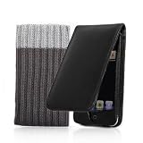 EASYi Leder Schutzhülle Flip Case Etui in Schwarz + Schutzsocke für den neuen Apple iPod Touch 4G (4.Generation – 8GB 32GB 64GB – neustes Model)