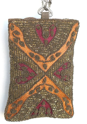 Ornate Hand Embroidered Silk Gadget - iPhone - iPod - Cell Phone - PDA Bag - Case - Purse - Holder - Pouch Long Leather Strap Bronze Rust Burgundy