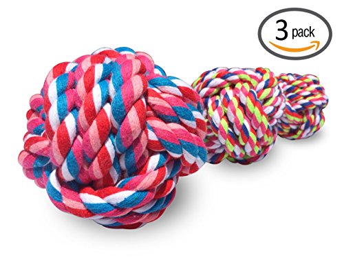 3 Durable Dog Toys Balls with Tough Chewing Knot of Cotton for Teeth Cleaning - Best for Puppies and Small to Medium Dogs/Pets