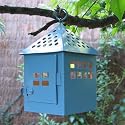 house shaped metal lantern - blue - can be used indoors or in garden - great for party decorations or as a housewarming present