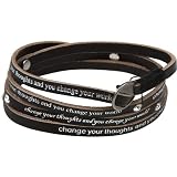 Change Your Thoughts Message Black Leather Wrap Bracelet, Wraps 3-4 Times Around Wrist