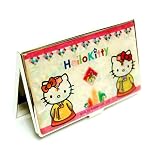 Mother of Pearl Hello Kitty Korean Dress Hanbok Design Metal Business Credit Name Id Card Holder Case Stainless Steel Engraved Slim Purse Pocket Cash Money Wallet