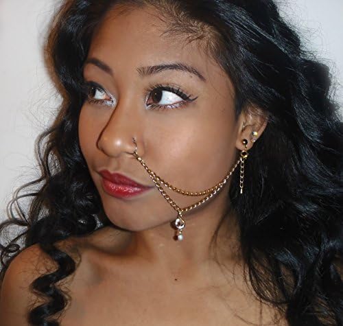 Adjustable Gold crystal and pearl ear to nose chain (No piercing's required)