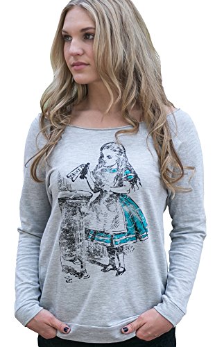 Superluxeâ„¢ Womens Drink Me Vintage Alice in Wonderland French Terry T-Shirt, Small, Heather Grey