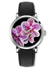 SPRAWL Aanalog Fashion Series Silver Ladies Watches of Genuine Black Leather Strap,Unique Wrist Watch for Women Girls Designed with Flowers with purple spots