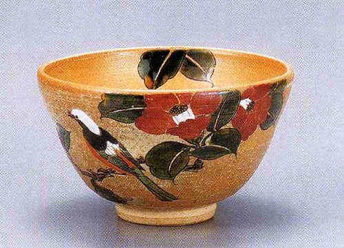 【茶道具】 山茶花に鳥・抹茶碗 木箱 九谷焼 