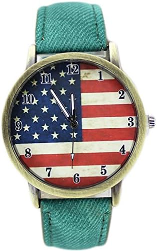 Yesiyan Unisex Vintage Novelty American Flag Print Watch Green with Denim Strap