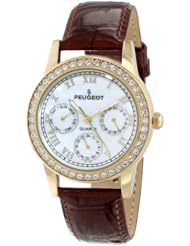 Peugeot Womens 3025 Gold-Tone Swarovski Crystal Accented Multi-Function Brown Leather Strap Watch