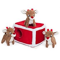 ZippyPaws Holiday Reindeer Pen Burrow Squeaky Plush Hide and Seek Dog Toy
