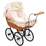 Large Antique Wicker Vintage Dolls Pram Pushchair Cornelia with Bedding