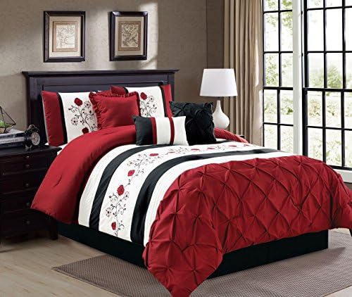 7 Piece Pinched Pleat Cherry Blossom Burgundy/White/Black Comforter Set Queen