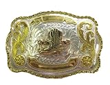 Western Belt Buckle with Cowboy Boot in Square Shape and Gold Silver Tone