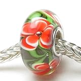 Beads Hunter Jewelry Gorgeous Bright Flowers with Green Leaves Murano Glass Bead Charm Fits Pandora Bracelet