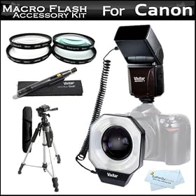 Vivitar Macro Ring Flash For Canon EOS T4i, T2i T3i T3 T1i XSi XS DSLR (18-55mm lens) Vivitar DF-586 Dedicated Macro Ring Flash + 58MM Macro Close Up Lens Kit Includes +1 +2 +4 +10 Filters + 57 Pro Tripod + Lens Pen Cleaner + MicroFiber Cleaning Cloth