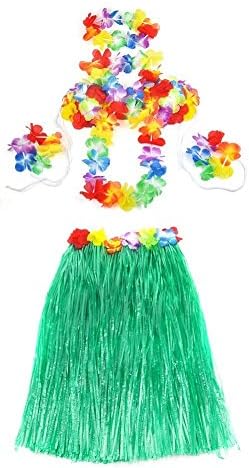 Fancy Hawaiian Grass Skirt Flower Hula Lei 60cm Costume (Green)