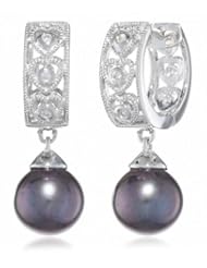 Sterling Silver 8.0-8.5mm Black Freshwater Cultured Pearl and Cubic Zirconia Cuff Earrings