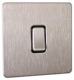 Schneider Electric Ultimate Single 2-way 10ax Light Switch Screwless Stainless Steel Flat Plate - Black Insert