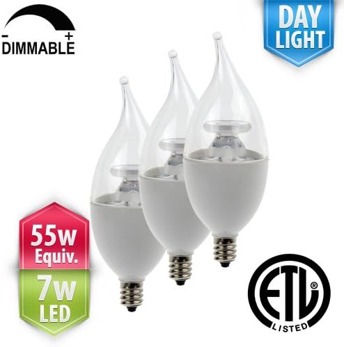 [3-Pack] PacLights Cand55 Dimmable LED Candelabra Light Bulbs, 7 Watts, Cool / Bright White (Daylight), 60w Equivalent Replacement (520 lumens), E12 Candle Base, ETL Listed