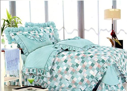 FT Home Fashion Girl's Aqua Mint Blue Floral Patchwork Printed 100% Cotton Twin XL Bedding Sheets Set for Dorm School Beds, 3 Pieces