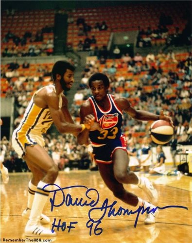David Thompson Autographed/Hand Signed Nuggets 8x10 Photo with HOF 96 Inscription (ABA Shot Pose 3)