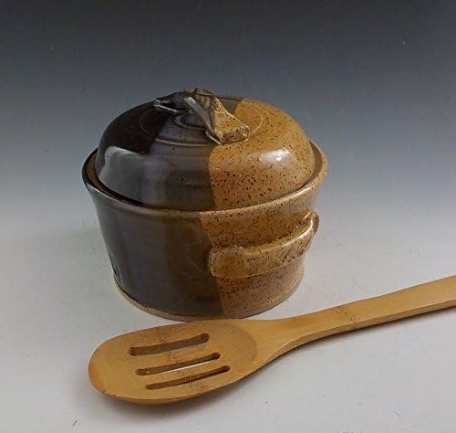 Stoneware Lidded Baking Dish, Handmade Ceramic Storage Canister, Rustic Kitchen, Speckle Straw and Temmoku Brown