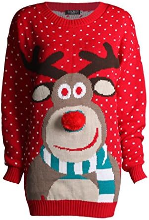 Forever Womens Unisex Rudolph Print 3D Nose Pom Pom Christmas Jumper