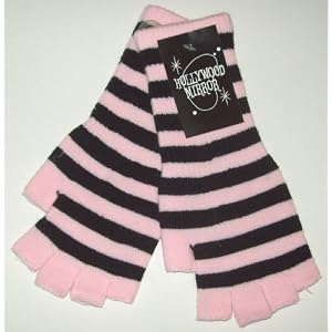 New Gothic Black Pink Striped Fingerless Knit Gloves Goth EMO PUNK