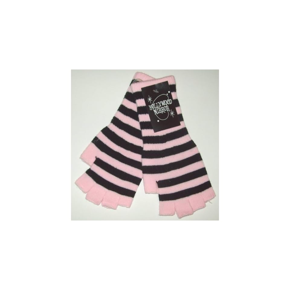 New Gothic Black And Pink Striped Fingerless Knit Gloves Gothic