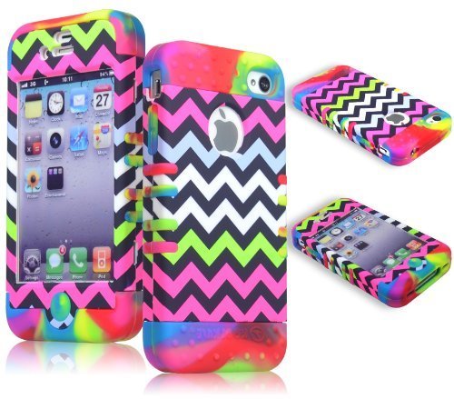BasTexWireless Bastex Hybrid Case for Apple Iphone 4, 4s - Colorful Bright Tie Dye Silicone with Hard Chevron Design Shell