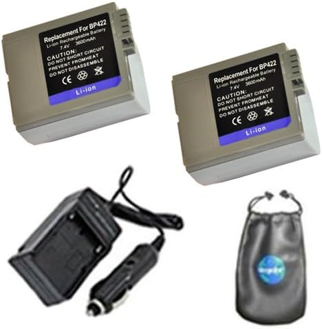 ValuePack (2 Count): Digital Replacement Battery PLUS Mini Battery Travel Charger for Specific Digital Camera and Camcorder Models / Compatible with Canon BP-422, BP-412, BP-406, BP-407, MVX10i, Optura 300, DM-MV3, DM-MV4, DM-MV4i, DM-MV4iMC, Elura: 10, 10MC, 2MC, 20, 20MC, MV3, MV3MC, MV3i, MV3iMC, MV4, MV4i, MV4iMC, IXY: DV, DV 2, DVM2, DVM2-V Charges with Intelligent Charge Technology - Includes Car Adapter, TWO Batteries and ONE Leatherette Camera / Lens Accessories Pouch