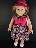 IMAGE OF A 3 Pc Dress Set Chocolate Brown and Pink with Interesting Pattern Complete with Hat and Purse Designed for 18 Inch Doll Like the American Girl Dolls Shoes Sold Separate