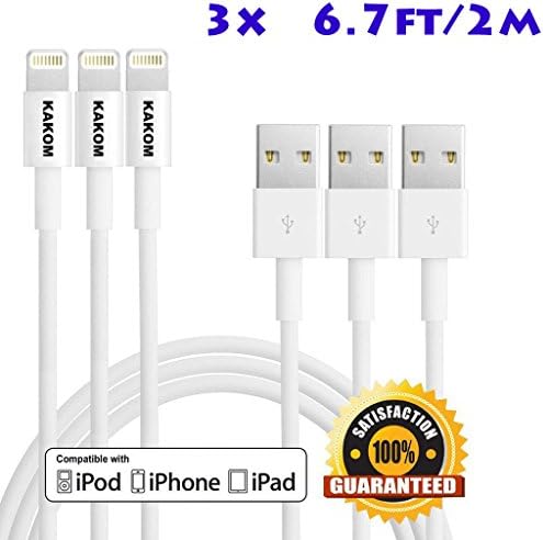 KAKOM® 3pcs 6.7ft (2M) 8 Pin to USB Sync Data Charging Cable Charger Cord for iPhone 6s 6s+ 6Plus 6, iPhone 5s 5c 5, iPad Air Mini Mini 2, iPad 4, iPod 5 / Nano 7.Works with iOS9 (3pcs 6.7ft white)