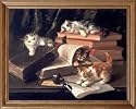 Kitty Cat Kittens Book Ink Pot Animal Picture Oak Framed Art Print