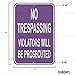 No Trespassing Sign, Purple, No Trespassing Violators Will Be Prosecuted, 3M Quality Prismatic Reflective, 12X18, Aluminum-Laminated-UV Protected, USA