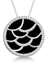 Ladies Genuine Black Onyx Circle Pendant with 71 Prong Set Diamond Accents 14K White Gold 14.16ctw