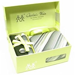 100% Silk Woven Stripe pattern Neck Tie Cufflink Handkerchief Gift Set Gray Charcoal Ivory Hanky Necktie Cuff link with Gift Box.