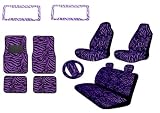 Premium New Style Purple Zebra 15pc High Back Front Seat Covers, Bench Seat Cover with Head Rest, Steering Wheel Cover with Shoulder Pads, 4pc Front and Back Floor Mats, 2 License Plate Frames