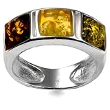 Natural Multicolor Amber Sterling Silver Square Stones Ring