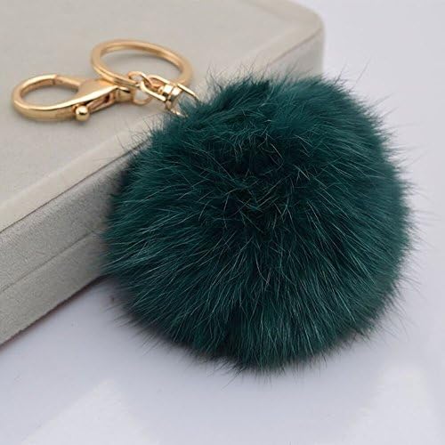 Yanseller 18 K Gold Plated Keychain with Plush Cute Genuine Rabbit Fur Key Chain for Car Key Ring or Bags (Dark Green)