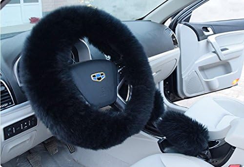 Soft Winter Warm Faux Wool 1 Set of 3 Covers Handbrake Cover Gear Shift Cover Steering Wheel Cover Diameter of 14.96" (Pure Black)