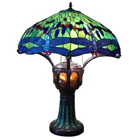 Green Handmade Dragonfly Tiffany Style Stained Glass Table Lamp Lamps with Lit Base TLL012 3-Bulbs