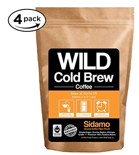 Cold Brew Coffee Kit, Brew-At-Home Wild Coffee Pouch made with Ground Organic Wild Coffee, Fair trade, Single-origin, Fresh roasted High-performance Coffee (Sidamo Medium, 4 Pouch)