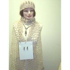 J110, Hand Crocheted Pastel Space Dye Gimp Scarf Measuring 12 Inch By 92 Inch with Matching Skull Cap and Beaded Necklace and Matching Earrings.