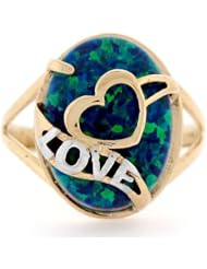 14K Solid Yellow Gold Blue-Green Opal Love Heart Ring