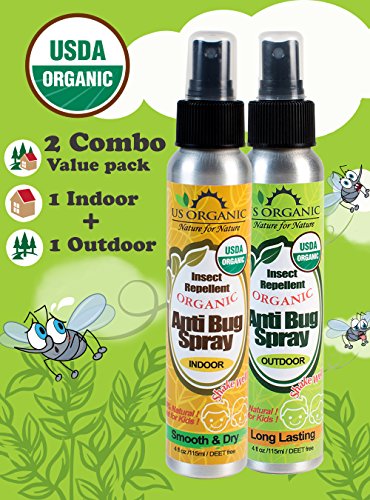 Anti Bug Spray ★ OUTDOOR 4oz + INDOOR 4oz Combo Value Pack ★ USDA Certified Organic Insect Repellent ★ Long Lasting Outdoor + Smooth & Dry feeling Indoor ★ DEET Free, Kid Safe ★ Pleasant Refreshing Herbal Scent ★ Pure essential oils to Naturally keep bugs, mosquitoes, black flies, ticks and insects away ★ Shake well before use ★ No synthetic chemicals, No Alcohol ★ Cruelty Free, Not tested on animals ★ Made in USA ★ by US Organic - Nature for Nature
