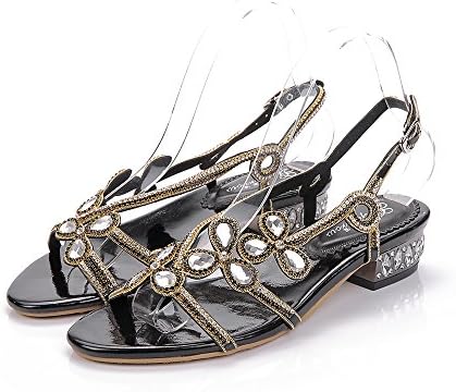 Geminigirl Women's Low Block Heel Diamante Jewelled Slingback Sandals Shoes Black 9 M US